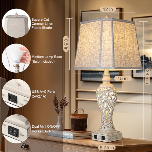Cream Set of 2 28.5-Inch Farmhouse Bedside Table Lamps with Nightlight & USB Ports