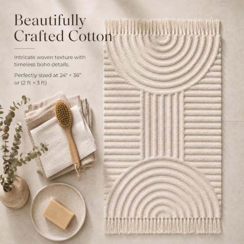 Cream Cotton Boho Bathroom Rug 2x3 ft with Tassels - KIBAGA