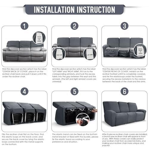 TAOCOCO Grey 3-Seat Recliner Sofa Cover 8-Piece Stretch Slipcover Set