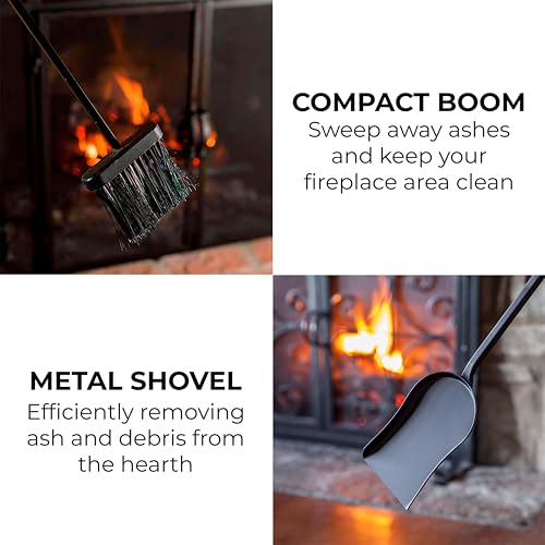 5-Piece Hand Forged Iron Fireplace Tool Set - Compact Wrought Iron Stand & Accessories