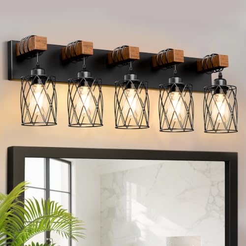 Black Farmhouse Bathroom Vanity Light - 5-Light Wood & Metal Fixture, Over Mirror