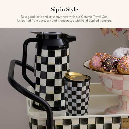 Ceramic Travel Mug with Lid - Black & White Courtly Check Pattern - Reusable Hot and Cold Cup