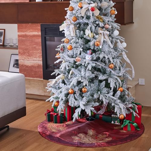 ONGLYP Red 50 Inch Embroidered Pine Branches Christmas Tree Skirt - Deluxe Holiday Decor