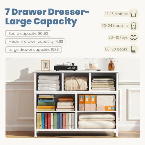 Atilioo White 7-Drawer Dresser for Bedroom Storage, Anti-Tip Fabric Tower