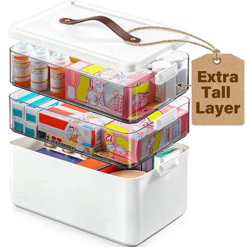 Homaigie 3-Tier Extra Tall Medicine Organizer with Leather Handle — Large Capacity First Aid Box