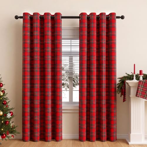 HunnmingRe Red Christmas Tartan Plaid Curtains 52 x 84 Inches – Holiday Window Drapes