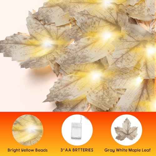 Fall Leaf Garland with Lights Decoration - 2 Pack Thanksgiving Gray Fall String Light Battery Operated Total 20 Ft 40 LED Lamp Bead 40 Dried Leaf Suitable Indoor Outdoor Home Harvest Festival Wreath