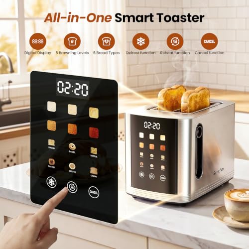 Silver 2-Slice Touch Screen Toaster with Wide Slots, Smart LED Countdown