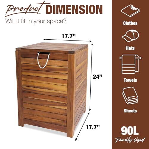 GREEN ALLUVIUM 90L Laundry Hamper with Lid & Handles, Acacia Wood, Brown