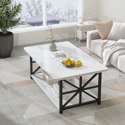 AWQM White Faux Marble 2-Tier Coffee Table with Round Corners & Storage Shelf