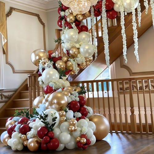 Paeyeq Red White Gold Christmas Balloon Arch Kit 124pcs Holiday Decor