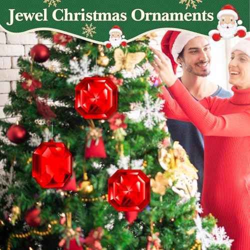 Syhood 5.1 Inch Jewel Ornament Glitter Jewel Ornaments for Christmas Tree Acrylic Large Christmas Tree Hanging Decorations for Xmas Wedding Holiday Party Decor(Red, Square)