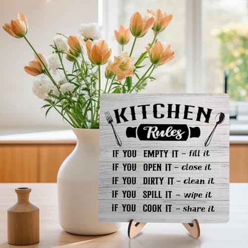 Kitchen Wooden Decor Sign, Rustic Kitchen Wooden Plaque, Inspirational Quote Wood Sign Decor for Rustic Farmhouse Home Living Room Dining Room Shelf Table Decoration, 5.9 x 5.9 inches