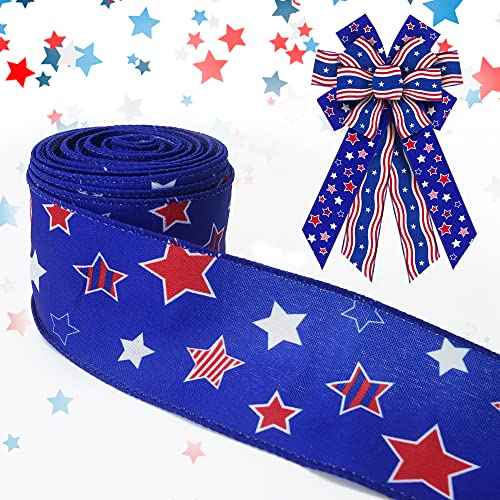 Threetols Patriotic Wired Edge Ribbons 2.5" 10 Yards, Veterans Day White Red Blue Wired Ribbons Patriotic Star Fabric Craft Ribbon American Patriotic Ribbon for Holiday Party DIY Christmas Decor
