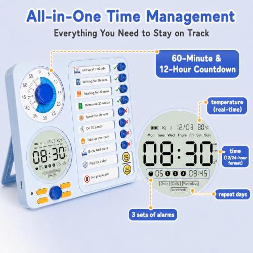 Blue 3-in-1 Visual Timer for ADHD Chore Chart & Task Planner Kids & Adults