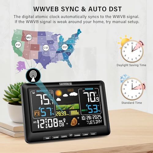Wireless Indoor Outdoor Thermometer Weather Station with Atomic Clock - Black