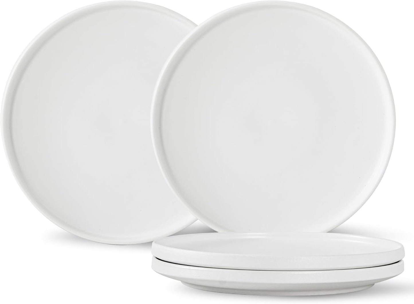 Skiennix 8-Inch Matte White Stoneware Plates - Set of 4, Microwave & Dishwasher Safe for Salads & Desserts