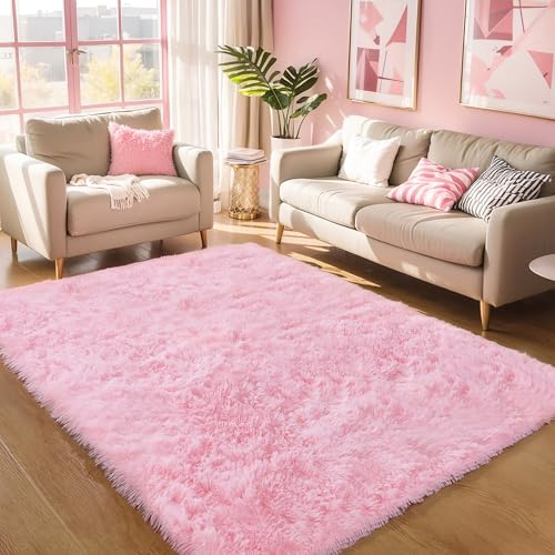 Pink 5' x 8' Fluffy Shag Rug for Girls Bedroom - Plush Washable Carpet - KICHOWUA