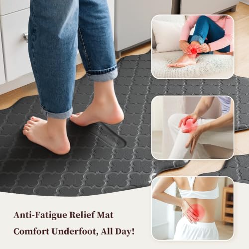 Arenarug 17.3x30 + 17.3x59 Inch Black Scalloped Kitchen Mat Set - Waterproof & Anti-Fatigue