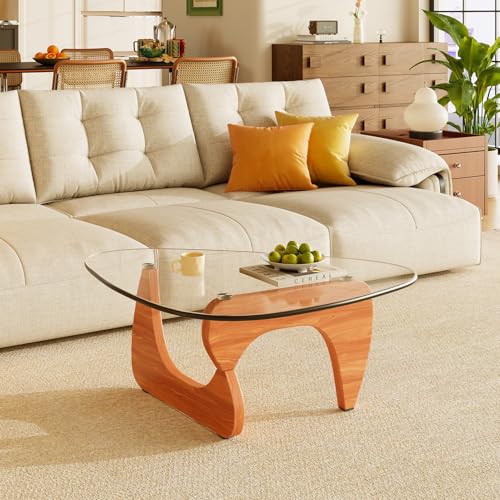 LuckIIA Walnut Glass Coffee Table 32 Inch Mid-Century Modern Farmhouse Style