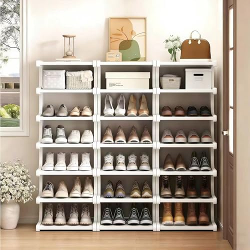 White 7-Tier Vertical Shoe Rack - Space-Saving Bamboo Shoe Organizer for Entryway & Closet