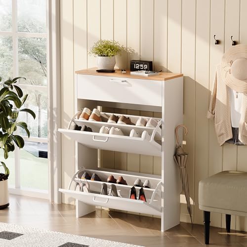 VINGLI Shoe Cabinet Storage for Entryway,White Small Narrow Rack,25" W