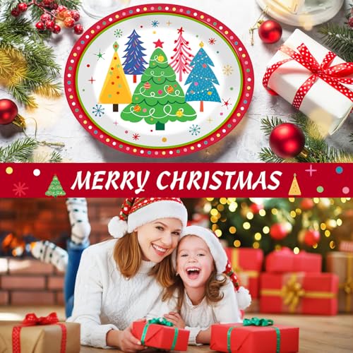 Lonfliness Colorful Christmas Tree Plates Set 50 Pcs Disposable 11 Inch Oval Holiday Dinnerware - Christmas Tree Variation