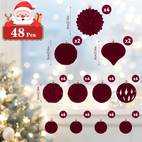 Burgundy Velvet Christmas Ornaments Set 48pcs - 8/6/4 cm Ball Christmas Tree Decorations