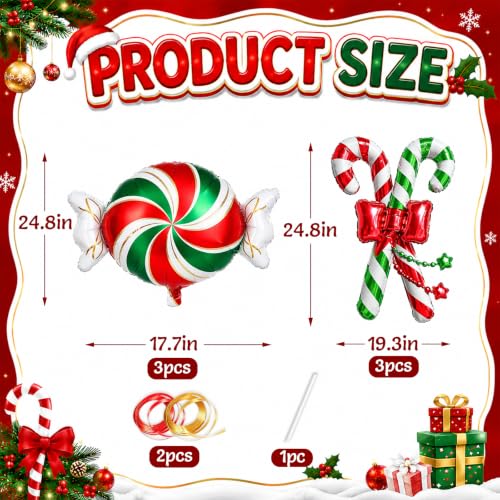 OIWLCI 6pcs Christmas Candy Balloons Kit – Candy & Candy Cane Foil Balloons with Ribbons