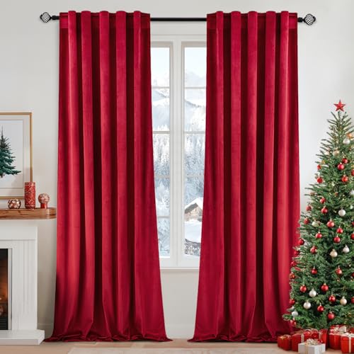 MIULEE Red Velvet Curtains 52x108 Inches, Pack of 2, Back Tab & Rod Pocket
