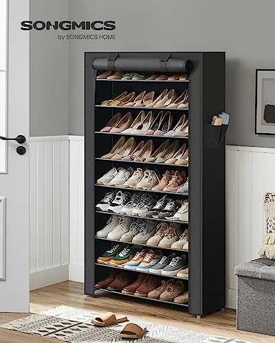 Black 10-Tier Shoe Rack with Cover, Holds 40-50 Pairs, Easy Assembly