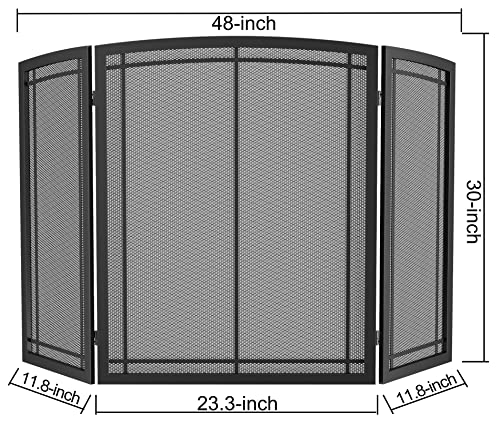 FireBeauty 3-Panel Wrought Iron Fireplace Screen 48x30 Inch Black Safety Guard