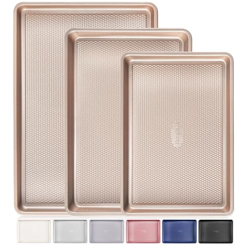 HONGBAKE Champagne Gold Nonstick Baking Sheet Set of 3 - Heavy Duty Carbon Steel with Diamond Texture, Oven Safe Up to 450°F