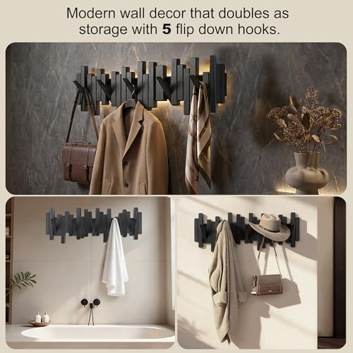 Wall Mount Coat Rack with Flip-Down Hooks - Rustic Oak Finish