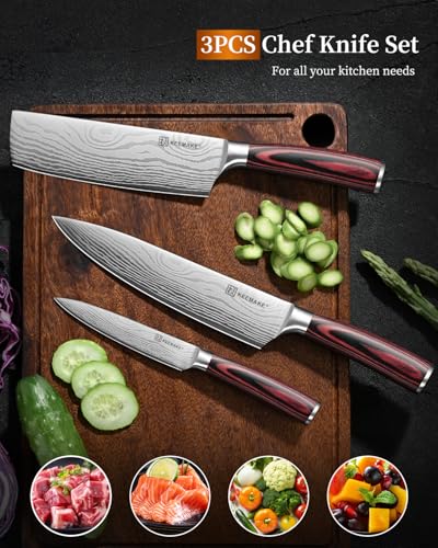 KEEMAKE Red 3-Piece Kitchen Knife Set - Sharp Chef, Nakiri & Utility Knives