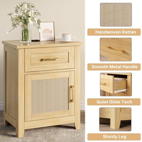 Decofy Set of 2 Rattan Nightstands with Charging Station, Drawer & Cabinet