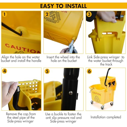 Commercial Mop Bucket Set with 2 Mop Heads & Caution Sign - 38 Quart