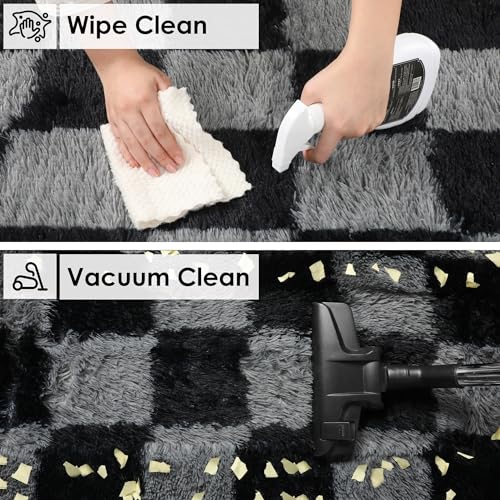 KICMOR 8x10 Black & Grey Checkered Shag Rug for Living Room & Bedroom