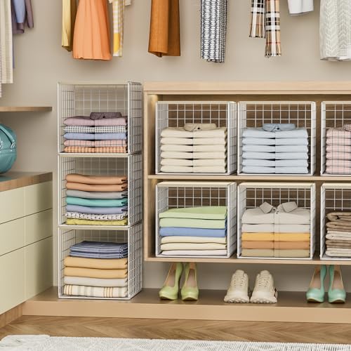 White Stackable Closet Organizers with Wood Top - 3 Pack
