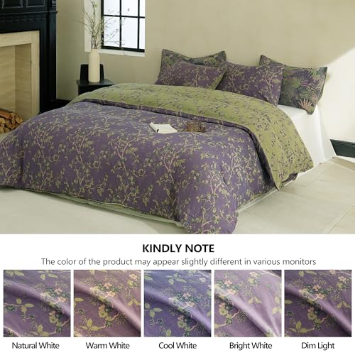 Queen Size Purple Floral Muslin Duvet Cover Set with Zipper & Corner Ties