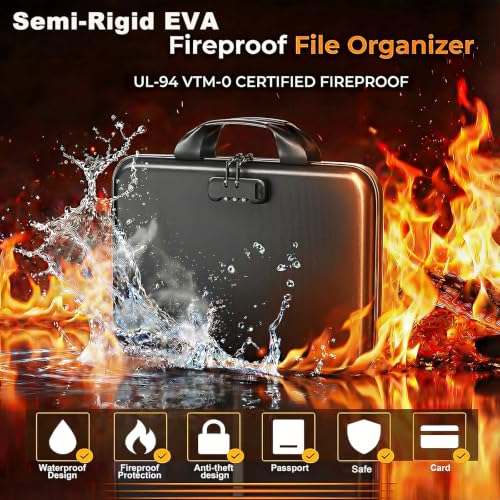 IPYIPY Black Slim Fireproof Water-Resistant Document Organizer with Lock, 13-Pocket File Box