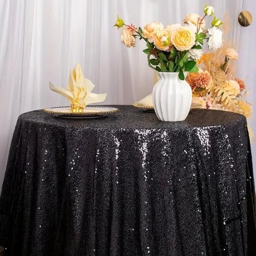 HMQIANG Black Round Sequin Tablecloth 120 Inch for Party Events