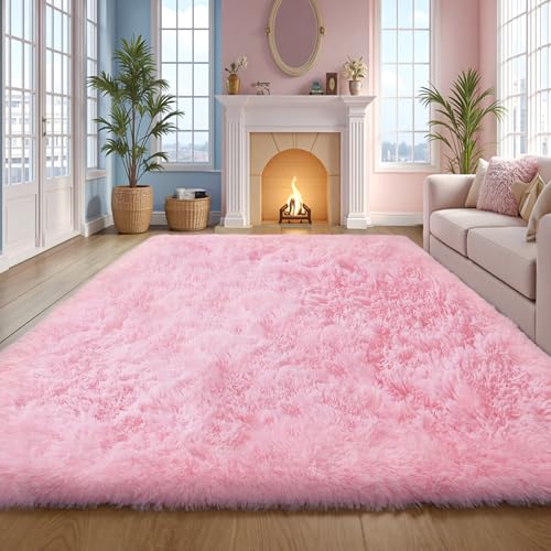 Pink Fluffy 9x12 Area Rug for Bedroom & Living Room - Soft Washable Shag