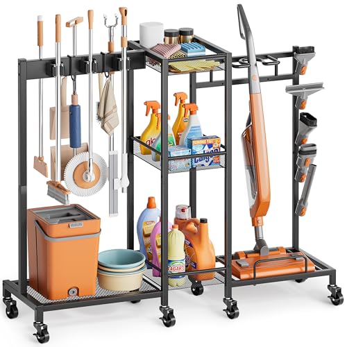 Olakee Black 3-in-1 Broom Holder & Storage Organizer for Laundry & Utility Rooms