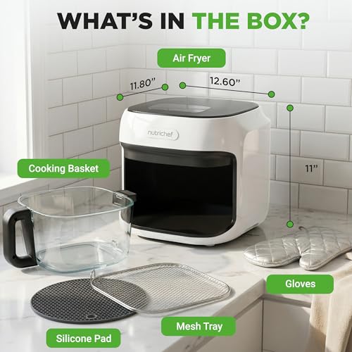 NutriChef 7.5 Quart Family Size Air Fryer with Glass Bowl - White