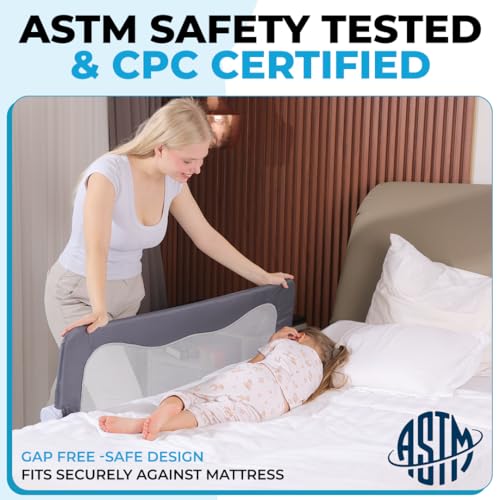 Toddler Bed Rail Guard - Adjustable Fit for Twin, Full, Queen & King Beds - Grey / 35.5"-47" L x 20.5"-25.6" H - ASTM Certified Safety