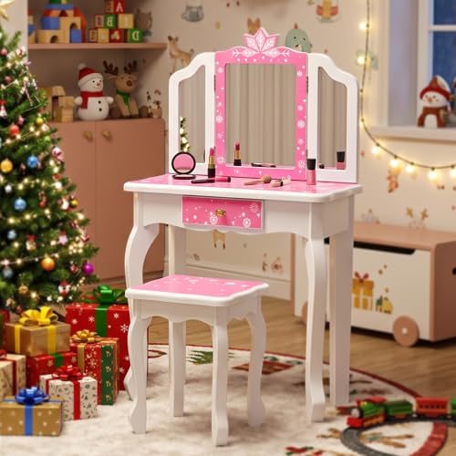 Pink Kids Vanity Set with Wooden Makeup Table & Stool, Tri-Folding Mirror, Large Drawer, Safe Sturdy Frame, Gift for Girls