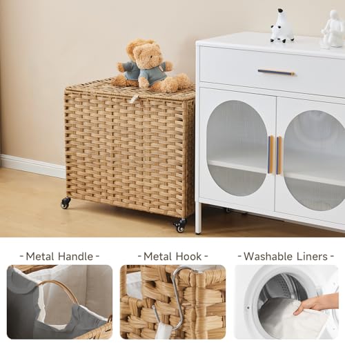 Laundry Hamper with Wheels 34.3 Gallon Natural Rattan 2 Color Liners 3 Mesh Bags