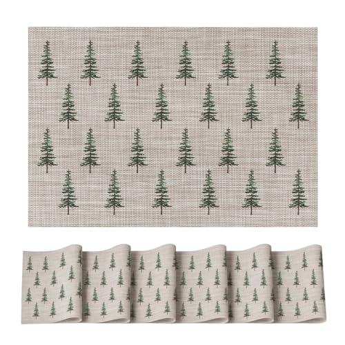 Green Xmas Tree Vinyl Placemats Set of 6 12x18 Inch Waterproof Non-Slip Holiday Table Mats