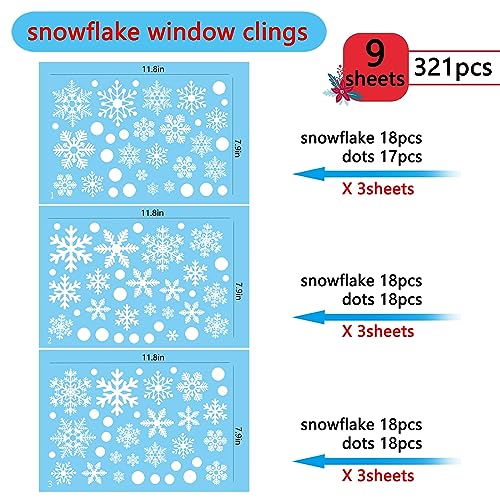 Snowflake Window Clings for Glass Windows Snow Spray, 321PCS Christmas Window Clings Winter Xmas Holiday Window Stickers Decals Decor, 9 Sheets Christmas Decorations for Office Clearance Indoor
